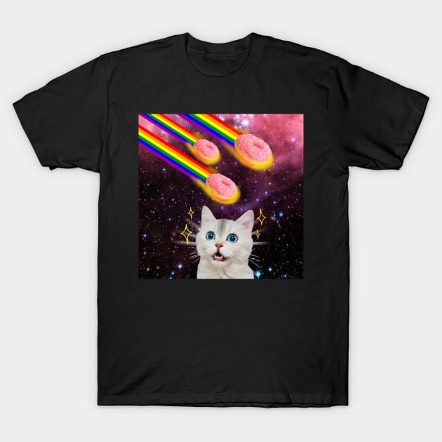 CAT IN SPACE DOUGHNUT RAINBOW STARS FUNNY GALAXY BEACH PARTY T-Shirt by AdenRoss